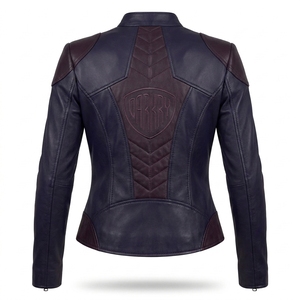 Womens Navy Blue Burgundy Two Tone Real Leather Biker Motorcycle Jacket Asymmetric Zip <b>Stand</b> Collar <b>Slim</b> Fit <b>Coat</b> - Product Image 2