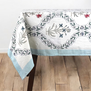 Hand Block Printed Cotton Canvas <b>Tablecloth</b>, Floral Dining Table Cloth - Product Image 4
