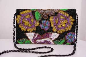 Bolso Rectangular Bordado Floral de Algodón y Poliéster Hecho a Mano con Cremallera, Diseño de Hojas Verdes y Flores Púrpuras para Fiestas y Viajes - Product Image 4