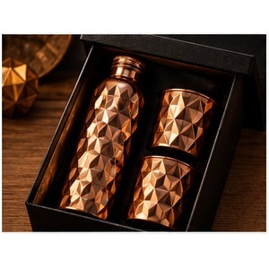 Handcrafted Copper Water <b>Flask</b> Bottle and <b>2</b> <b>Cups</b> Set with Leaf Pattern Gift Box Portable Drinkware - Product Image 6