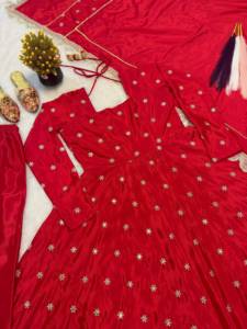 <b>Red</b> <b>Silk</b> Anarkali Suit Set with Churidar Dupatta Gold Embroidery Quick Dry Feature for Indian/Pakistani Women's Wedding Wear - Product Image 5