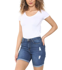 Shorts Vaqueros Clásicos Rectos Vintage para Mujer, Azules, de Cintura Alta, Desgastados, Casuales, para Exteriores, con Botones y Diamantes, de Alta Calidad - Product Image 2