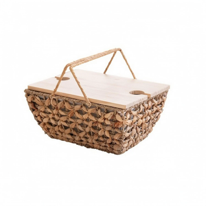 Handwoven Eco-friendly Water Hyacinth Picnic <b>Basket</b> <b>with</b> Wooden <b>Lid</b> Storage <b>Basket</b> for Home Organization from Vietnam - Product Image 1