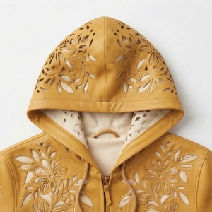 Chaqueta de Cuero Genuino para Hombre, Cuello Redondo, Diseño Floral Repujado, Estilo Casual Otoñal, Corte Regular, Puños Tejidos - Product Image 4