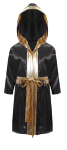 HAWK SPORTS INDUSTRIES <b>Red</b> Hooded Polyester Satin Robe Gold Trim <b>Belt</b> All Seasons for Child Boxing Training/Competition Wear - Product Image 3