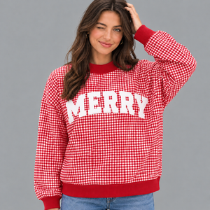Sudadera de mujer roja a cuadros vichy con estampado festivo, suéter de invierno de ajuste regular, 100% algodón, tejido, estilo urbano, cuello simulado - Product Image 1
