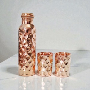 Copper Diamond Textured Water Bottle with Two <b>Cups</b> Portable <b>Travel</b> Drinkware Set Minimalist Design Home Use - Product Image 4