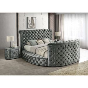 Table de chevet ovale luxueuse en peluche grise avec plateau en verre trempé de 8 mm et deux tiroirs de rangement arrondis - Product Image 5