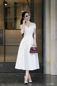 Vestido elegante con hombros descubiertos para mujer, vestido midi con detalle de tirantes en el cuello, vestido femenino elegante de estilo coreano - Product Image 2