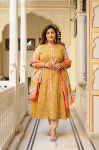Zig Zag Printed Kurta <b>Pant</b> Dupatta Set Cotton Floral Mustard Round Neck <b>Three</b> <b>Quarter</b> Sleeve Plus Size Women Wholesale Casual - Product Image 1