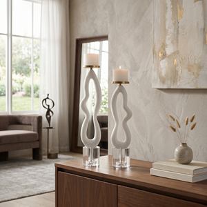 Ensemble de porte-bougies sculpturaux abstraits blancs, design texturé moderne avec base en cristal pour une décoration intérieure de luxe, qualité supérieure - Product Image 2