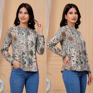 Women Floral Printed Long Sleeve <b>Shirt</b> <b>Mandarin</b> <b>Collar</b> Button Front Elegant Casual Top Relaxed Fit Lightweight Everyday Wear - Product Image 2
