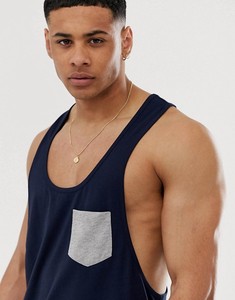 Débardeur sans manches bleu marine pour homme avec poche grise, col rond décontracté, tricoté 100 % coton, couleur unie, anti-boulochage, coupe ajustée - Product Image 2