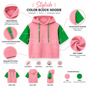 Sudadera Corta con Capucha de Color Rosa y Verde de la Hermandad de la Sororidad Cosh International, Sudadera Informal de Manga Corta con Logotipo Personalizado - Product Image 6