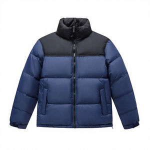 WARPRO INDUSTRY <b>Men's</b> Autumn Hooded Puffer Jacket Solid Navy <b>Blue</b> Stand Collar Zipper Closure Windproof Breathable Quick Dry - Product Image 2