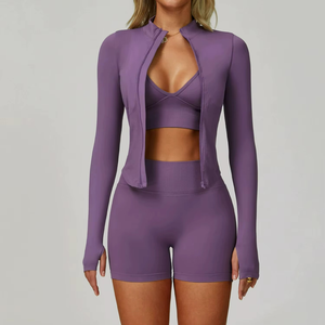 Conjunto de Yoga de 3 Piezas para Mujer, Personalizado, Sin Costuras, de Alta Elasticidad, Secado Rápido, Spandex, Manga Corta, 2 en 1, Ropa Deportiva para Fitness - Product Image 3