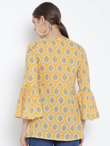 Blusa de Algodón Amarillo para Mujer, Estampado Floral, Corte Regular, con Mangas Campana y Cuello Redondo, Diseñada para Uso Casual de Verano - Product Image 2