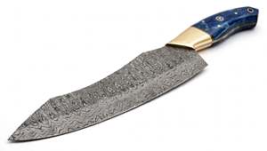 Couteau de boucher artisanal en acier Damas, manche en bois bleu, couteau à découper la viande à pointe traînante - Product Image 2
