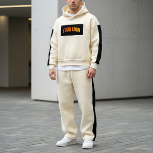 Survêtement pour homme personnalisé, 100% coton, à capuche, manches longues, couleur unie, coupe ample décontractée, avec impression de logo sur le devant, fermeture à cordon - Product Image 1