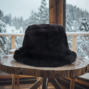 Chapeau bob unisexe en fausse fourrure noir uni, bonnet d'hiver en peluche pour adulte, tricoté à la main, 56-58CM - Product Image 5