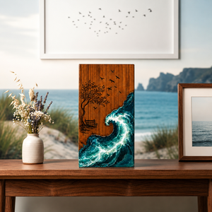 Handmade Wood Resin Cremation Urn Ocean Wave Memorial <b>Ashes</b> Box Art Deco Tabletop Keepsake <b>Casket</b> - Product Image 2