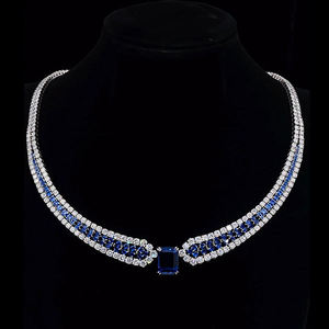 AMBER JEWELS Luxury Unisex Sapphire <b>Statement</b> <b>Necklace</b> 14K Solid Gold Radiant Cut Geometric Claw Setting Rhodium Plated IGI - Product Image 1
