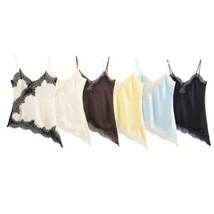 Women’s Satin <b>Spaghetti</b> Strap Tank Top Lace Trim Hollow Back Silky Casual Summer Cami 6 Colors - Product Image 1