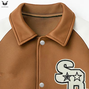 Blouson Teddy en Cuir PU Chaud pour Femme 2026, Marron et Blanc, Manches Brodéées avec Logo, Col Rabattu, Manches Longues, Vêtement d'Hiver - Product Image 3