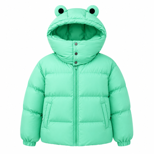 Blouson matelassé à capuche grenouille mignon, vert, broderie dessin animé, chaud et épais pour l'hiver, manteau décontracté unisexe, coupe régulière, fermeture éclair - Product Image 1