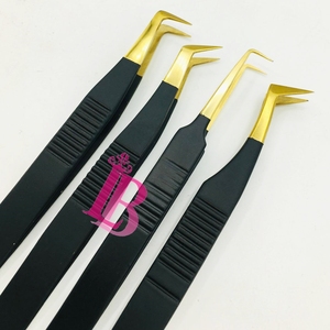 <b>Top</b> Trend Sustainable Stainless Steel Eyelash Extensions Tweezers Black Golden Tip Tweezers 90 Degree Eyelash Tweezers - Product Image 3