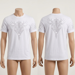 Camiseta blanca de manga corta para hombre con diseño de plumas y pedrería, cuello redondo, estilo casual, ajuste jersey, camisetas con pedrería - Product Image 5