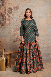 Traditional Women's Floral Printed Pure Cotton Short <b>Kurti</b> with Skirt & Dupatta Set India Pakistan Casual Wear Ethnic Diwali - Product Image 4