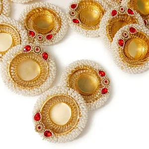 Handmade Round <b>Tea</b> <b>Light</b> Holder with Pearls and Red Crystals for Wedding Christmas & Easter Home Decoration-Luxury Design - Product Image 3