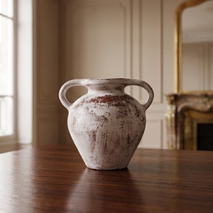 Antique Whitewashed Ceramic <b>Vase</b> with Handles Rustic Pottery Tabletop <b>Vase</b> for Home Decor - Product Image 2
