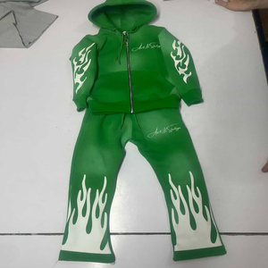 Logo personnalisé vieilli Patch empilé ensemble coton survêtements hommes deux pièces pantalons évasés sweats à capuche ensemble de survêtements - Product Image 1