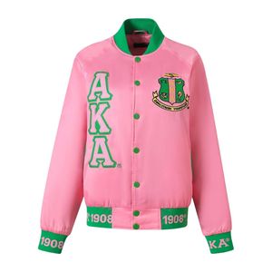 AKA <b>Pink</b> Satin Bomber <b>Jacket</b> Green Trim Unisex Varsity Style Embroidered Letters Ribbon Lining Casual Fashion Outerwear - Product Image 2