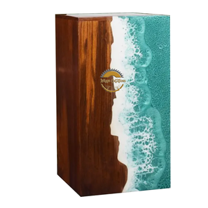 Urne funéraire en résine et bois naturel inspirée de l'océan, faite à la main, motif vague bleue, par AYAANS - Product Image 1