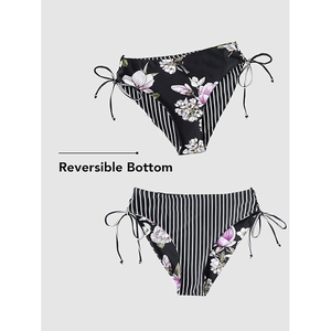 Conjunto de bikini a rayas llamativas para mujer, parte inferior con estampado floral, traje de baño de dos piezas, top deportivo, traje de baño con estampado mixto - Product Image 5