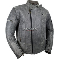 Blouson Moto Homme en Cuir Gris Vieilli Style Café Racer, Lavage Vintage, Col à Boucle, Panneaux Matelassés, Design Moto