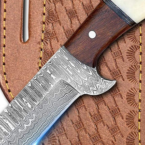 Couteau de boucher western plein pied en acier Damas avec étui en cuir pour la chasse et le camping - Product Image 6