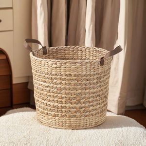 Natural Brown 16\" Water Hyacinth <b>Woven</b> Round Storage <b>Basket</b> Multi-Use <b>Woven</b> <b>Baskets</b> - Product Image 3
