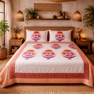 Premium Hand Block Printed Pure Cotton White Floral Home <b>Bedding</b> <b>Set</b> King Size (90x108 Inch) Jaipuri Crafted 200TC - Product Image 5