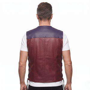 Gilet en cuir véritable pour homme, col en V, blocs de couleur, fermeture éclair, style moto, vêtement d'extérieur pour l'automne, respirant, écologique - Product Image 5