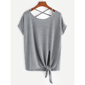 T-shirt décontracté d'été pour femme à manches courtes en coton tricoté et fibre de bambou, dos croisé, noué devant, tie-dye, coupe ample, couleur unie - Product Image 1