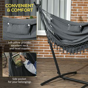 Sedia a dondolo amaca grigio scuro in vimini/metallo/tela con supporto e tasca laterale, poggiatesta per patio di hotel e uso esterno - Product Image 5