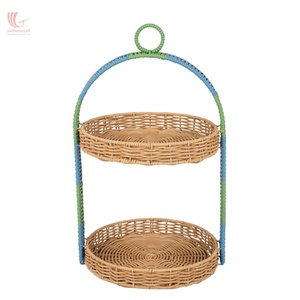 Viettimecraft Bandeja de Almacenamiento de Ratán de 2 Niveles, Redonda, Estilo Bohemio, Pintada en Azul y Verde, Organizador de Cocina de Doble Nivel - Product Image 3