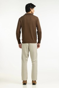 Pull unisexe marron tricoté à fermeture éclair, coupe classique, couleur unie, décontracté, pour l'automne, col montant, 100 % coton respirant, imprimé en relief - Product Image 3