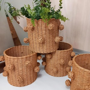 Maceta de Ratán con Asas Circulares, Estilo Bohemio, Contenedor para Plantas de Interior, Diseño Rústico, Hecha a Mano para Decoración del Hogar, de la India - Product Image 1