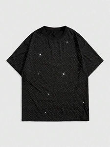 Camisetas personalizadas negras extragrandes para hombre, con pedrería en toda la prenda, estilo hip hop, brillantes, de manga corta, con gráficos con cristales incrustados. - Product Image 2