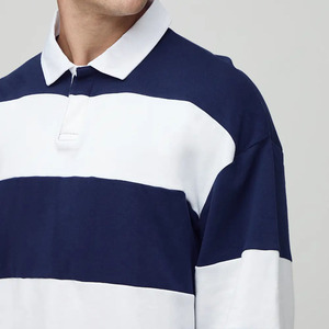 Polo tricoté à manches longues rayé pour homme, style preppy, color block, coupe ample, blanc et bleu marine, chemises de rugby pour hommes, vente en gros - Product Image 4